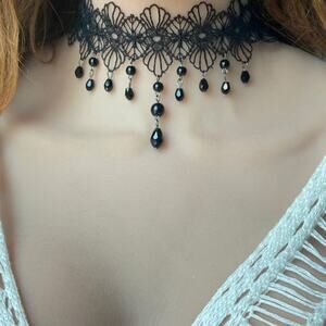 Choker Black Lace Crochet Beaded Floral Sexy Necklace Gothic Halloween